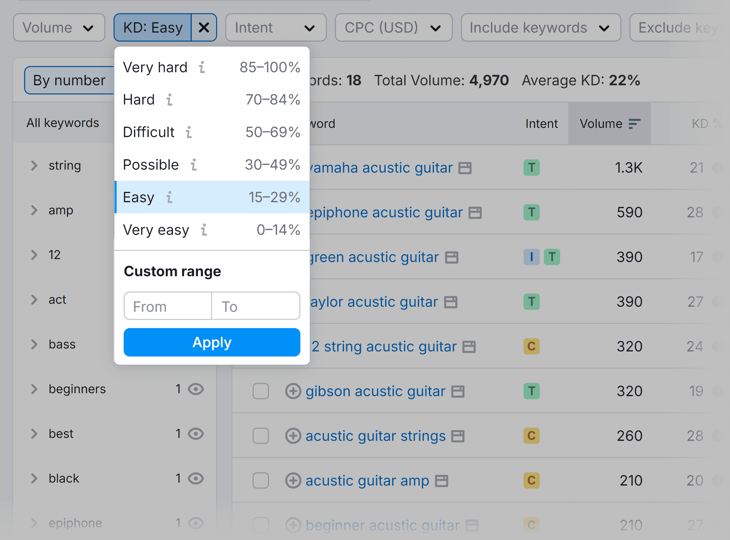 Keyword Magic Tool – Acustic guitar – Filtered list