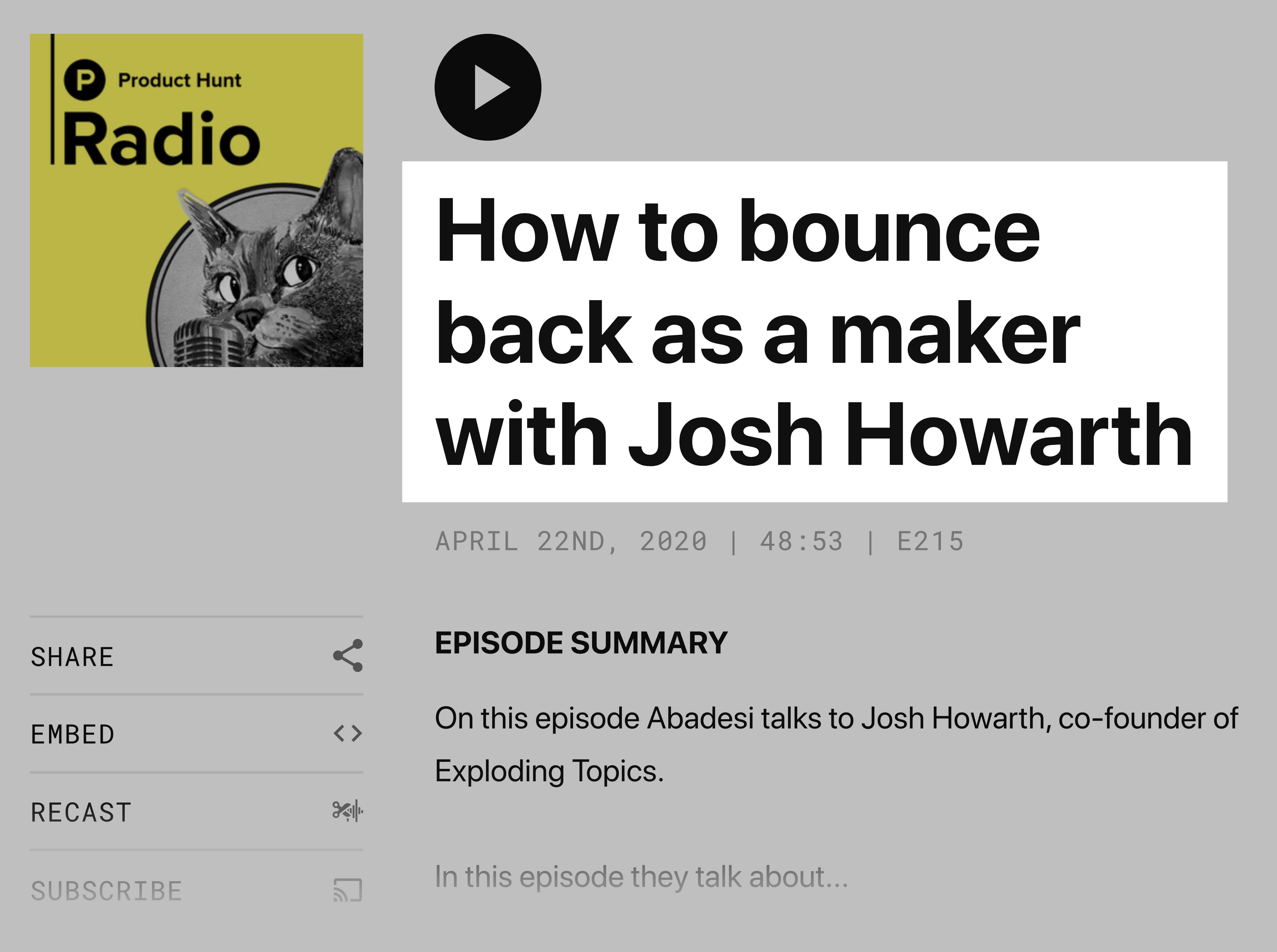 Josh on Product Hunt podcast