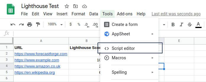 How to show Lighthouse Scores in Google Sheets with a custom function |