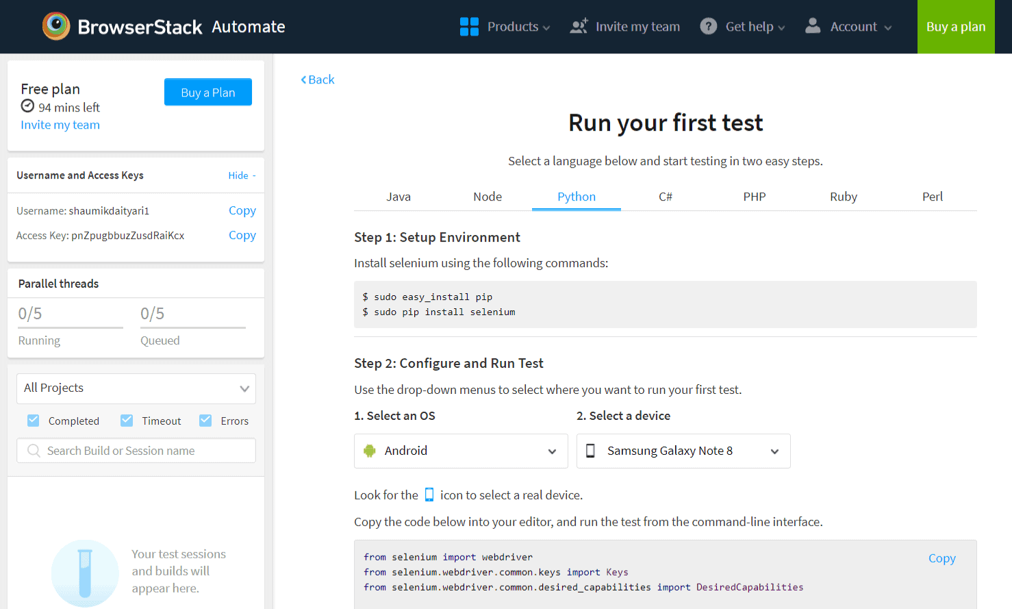 Setting up your first test on BrowserStack