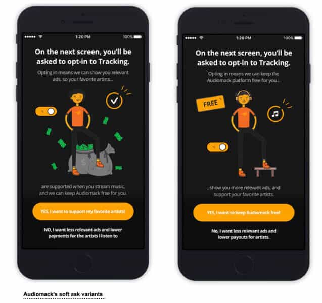 Audiomack 's "soft ask" screen for ad tracking
