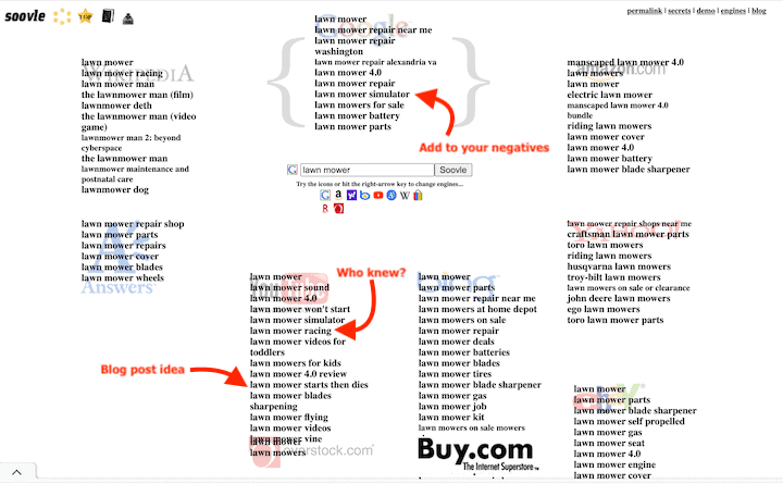 best free keyword research tools: soovle results example