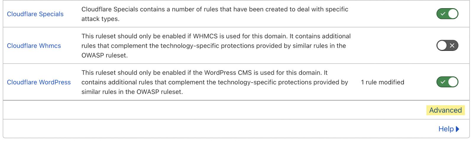 Webpage showing "Managed Rules"