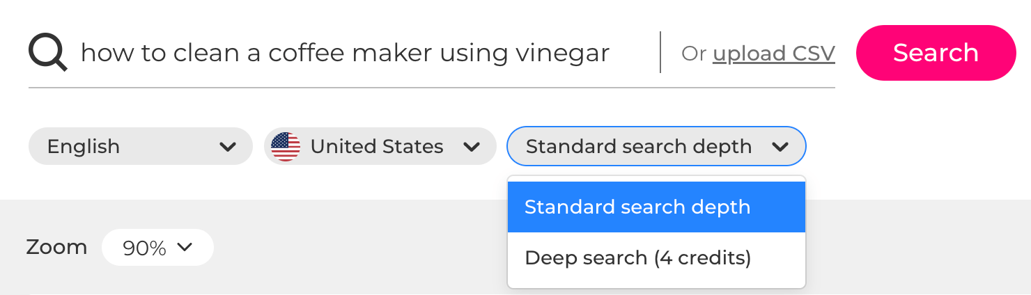 Drop-down showing options "Standard search depth" and "Deep search"