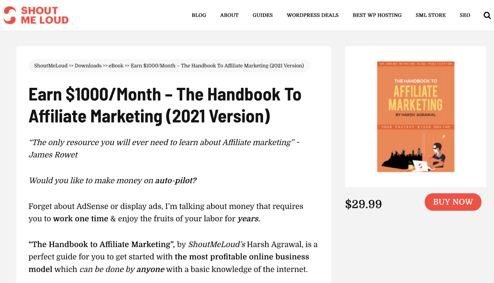 Page about ShoutMeLoud's ebook, "The Handbook to Affiliate Marketing"