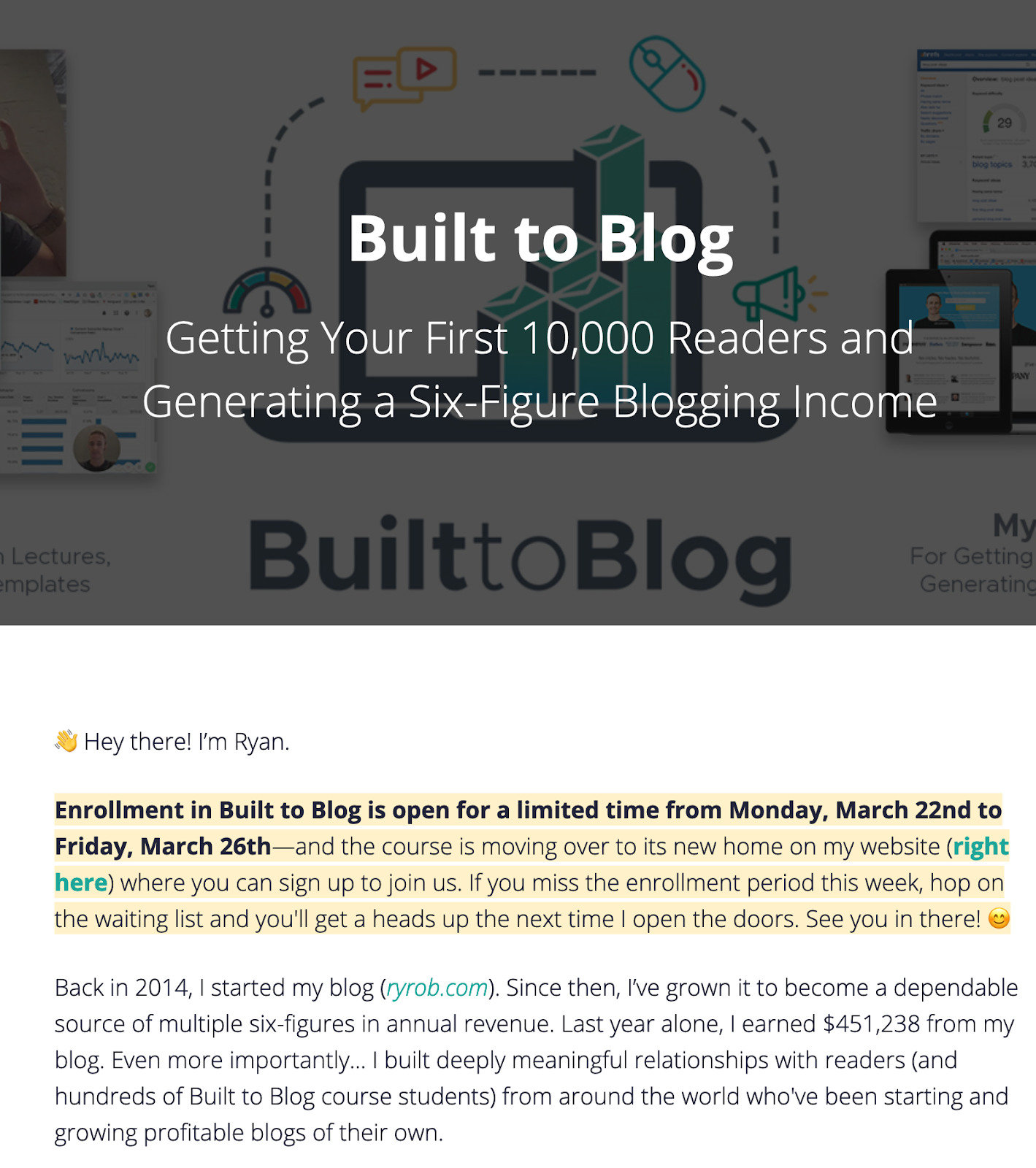 Page about the "Built to Blog" course