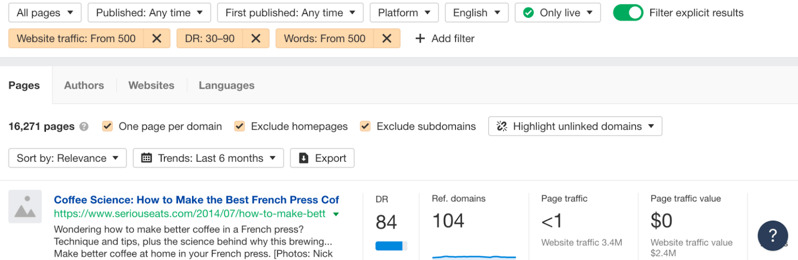 Content Explorer search results with filters applied for "french press"
