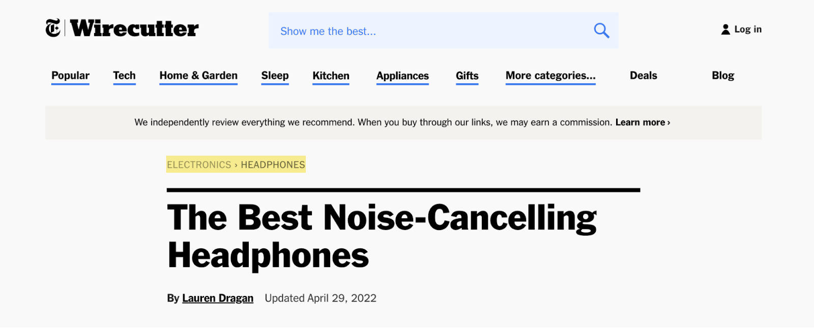 Site navigation showing "headphones" article is under the Headphones category that's under the Electronics category  