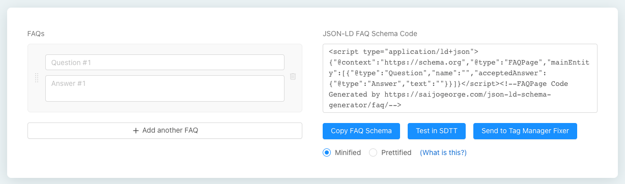 Example of schema generator showing JSON-LD FAQ schema code