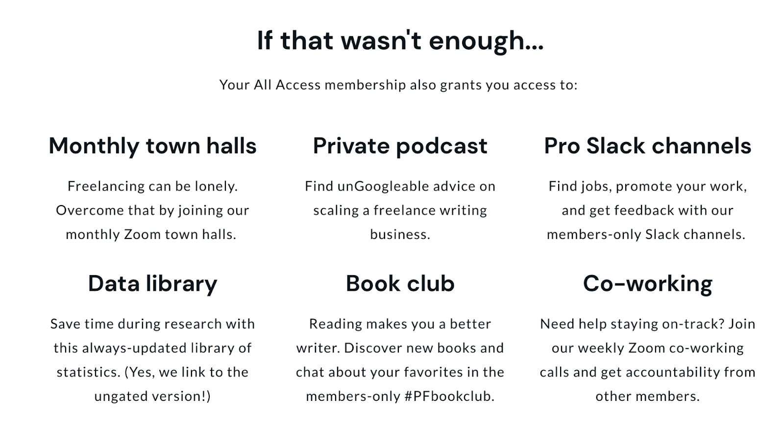 Page showing what all-access members can enjoy, e.g., book club, monthly town halls, etc