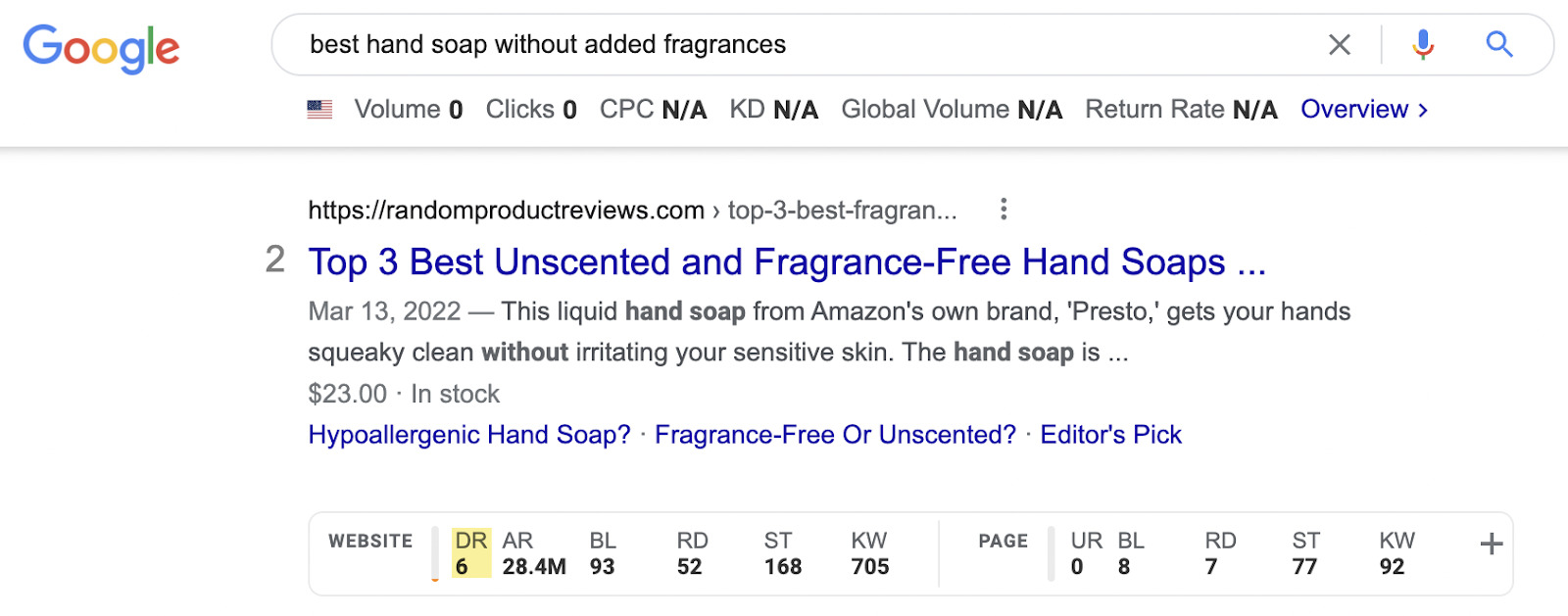 Google SERP for "best hand soap without fragrances"; SEO Toolbar showing a result with DR of 6