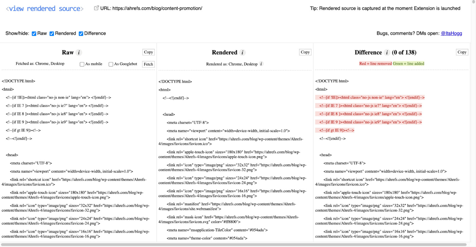 Page showing three columns: raw HTML, rendered HTML, and what the differences are