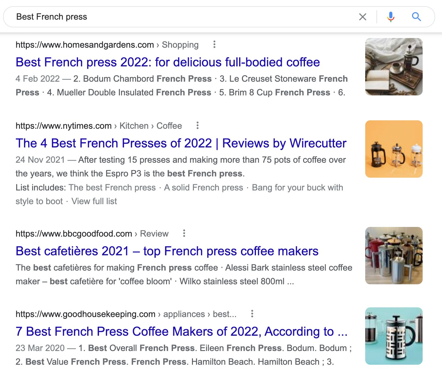 Google SERP for "best French press"