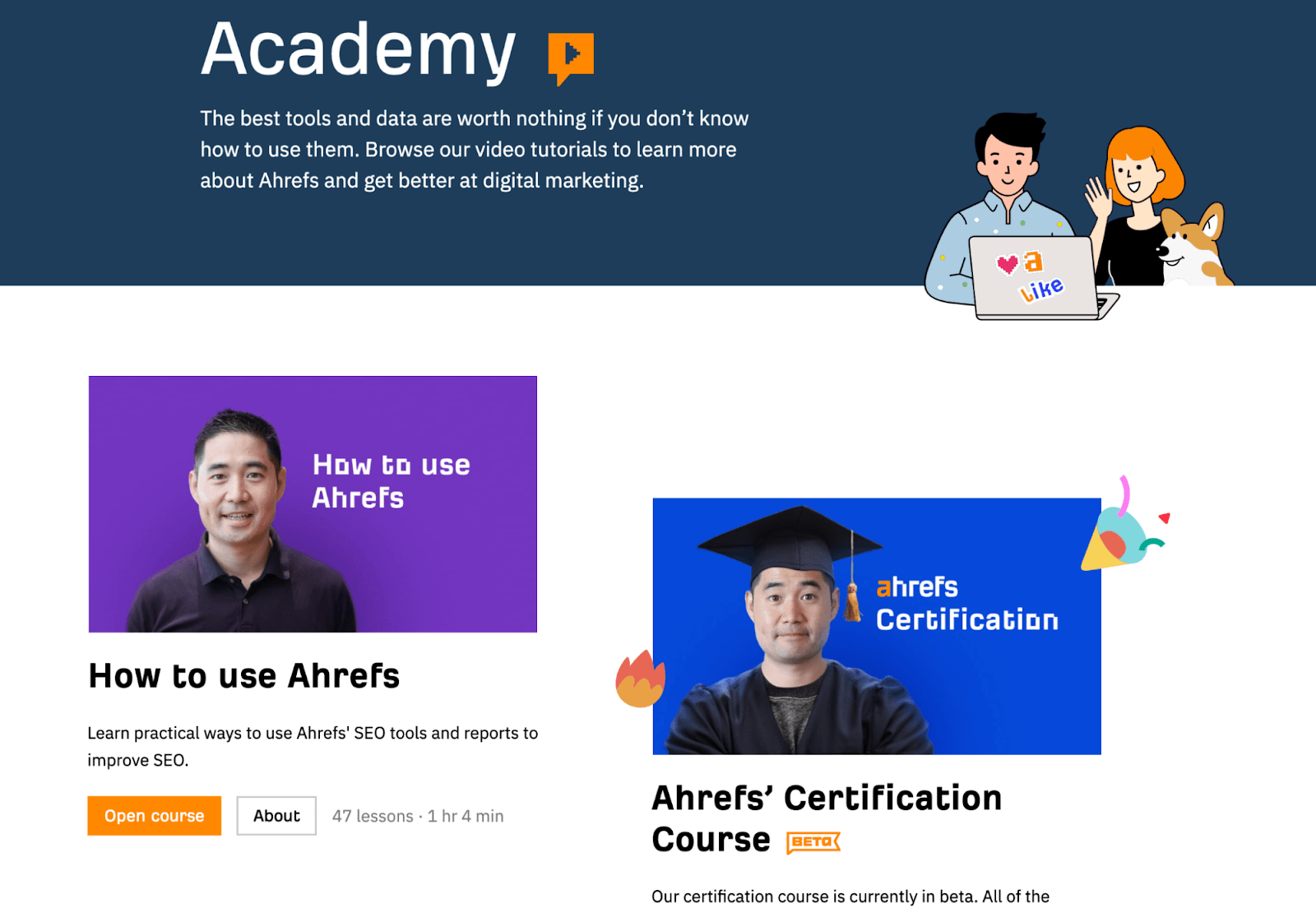 Ahrefs Academy's page with short write-ups on courses; above each write-up is a picture of Sam