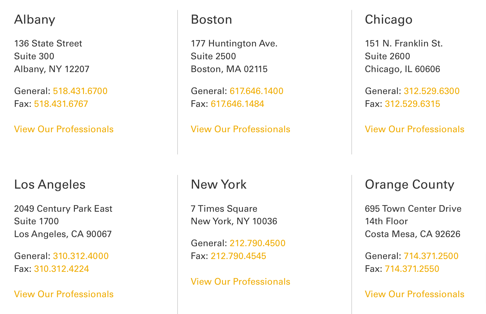 Example of locations listed on a contact page