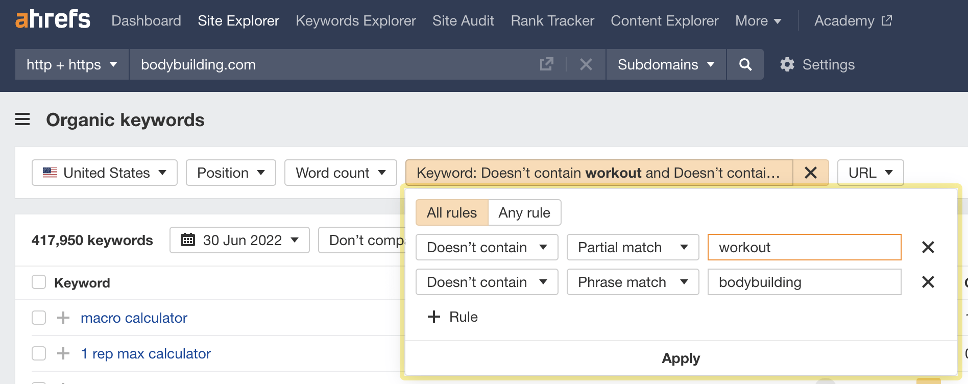 Excluding common seed keywords in Site Explorer
