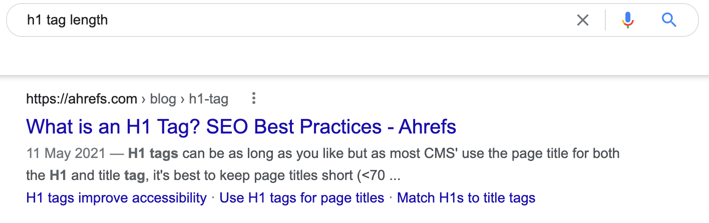 The top-ranking page for the keyword "h1 tag length"
