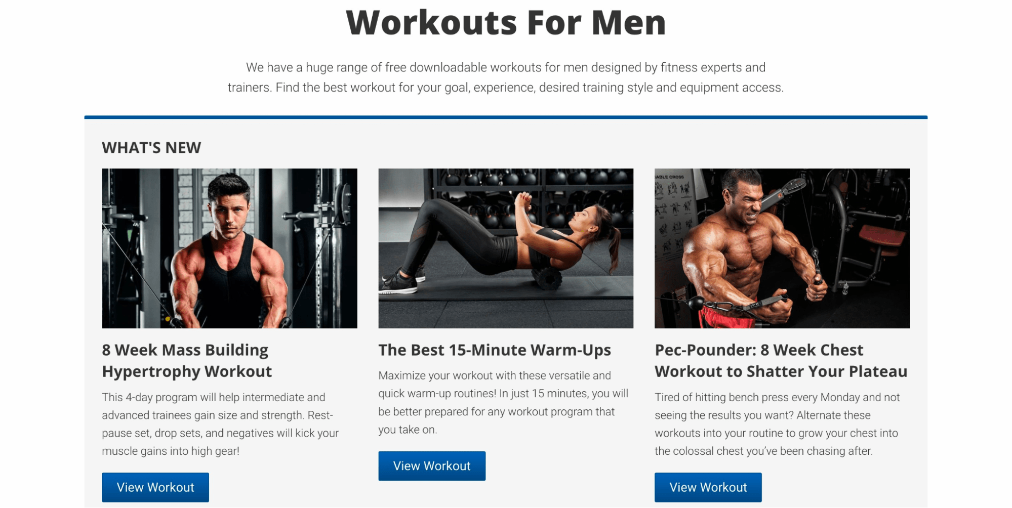 Types of workouts for men (in grid format)
