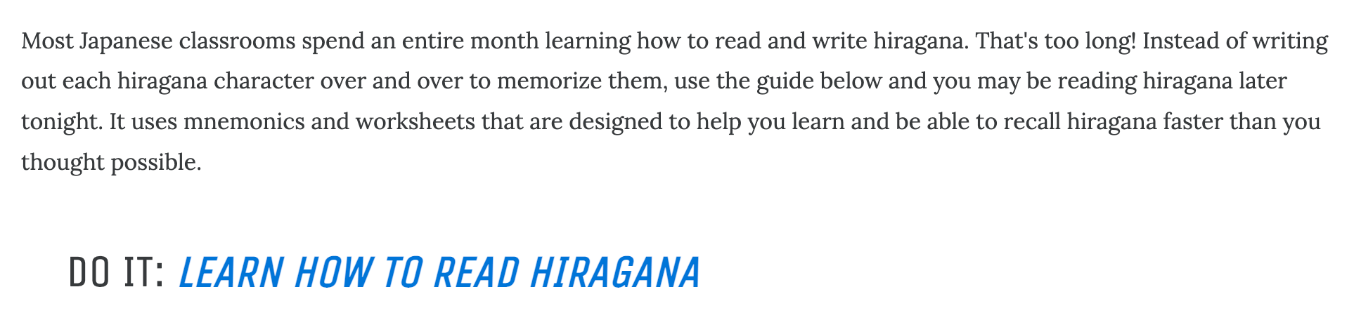 CTA encouraging user to head to the next task of learning to read hiragana
