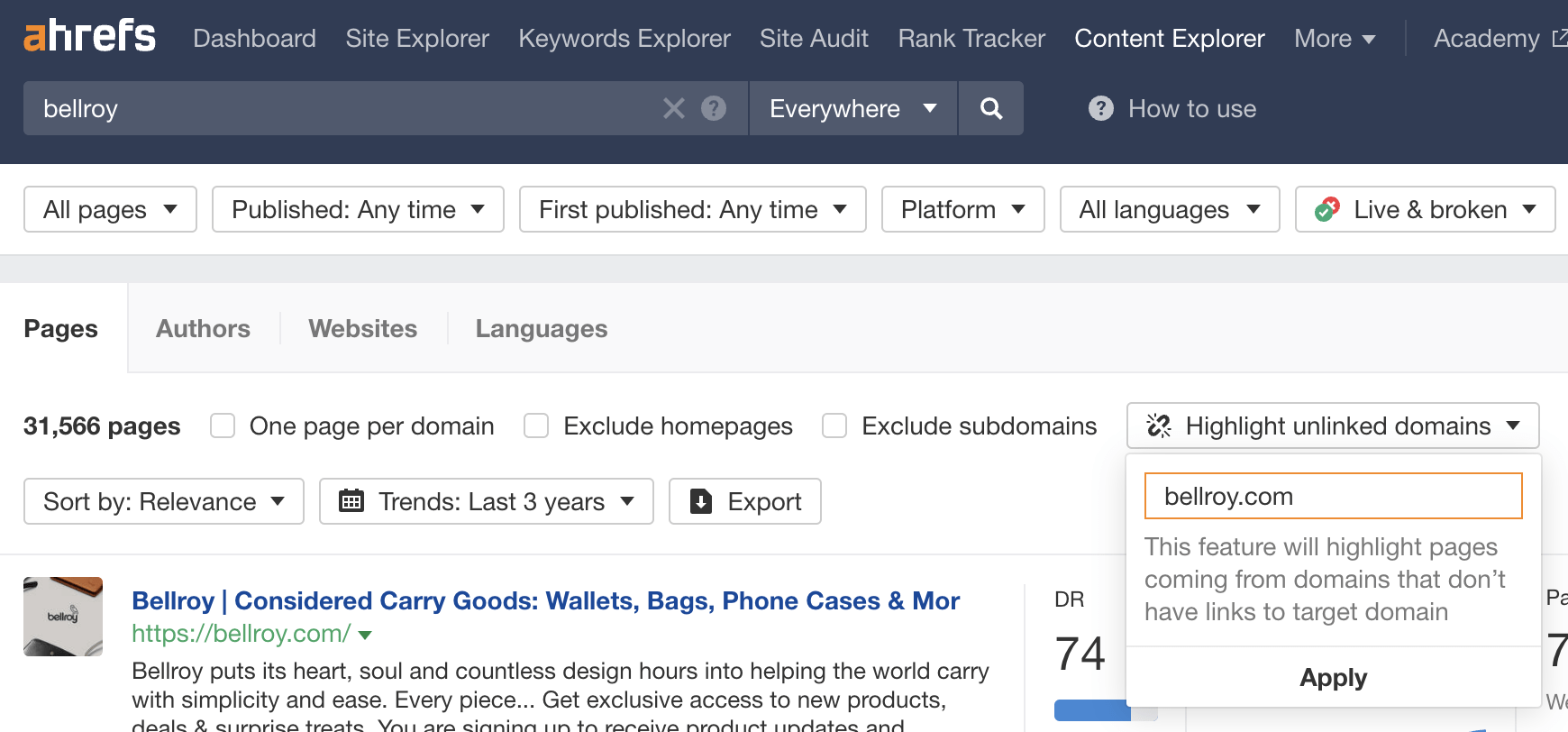 Finding unlinked mentions for Bellroy in Content Explorer
