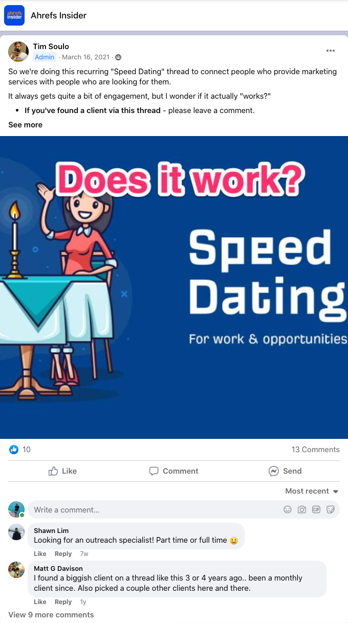 Connecting people in the SEO industry via "speed dating" in Ahrefs Insider group