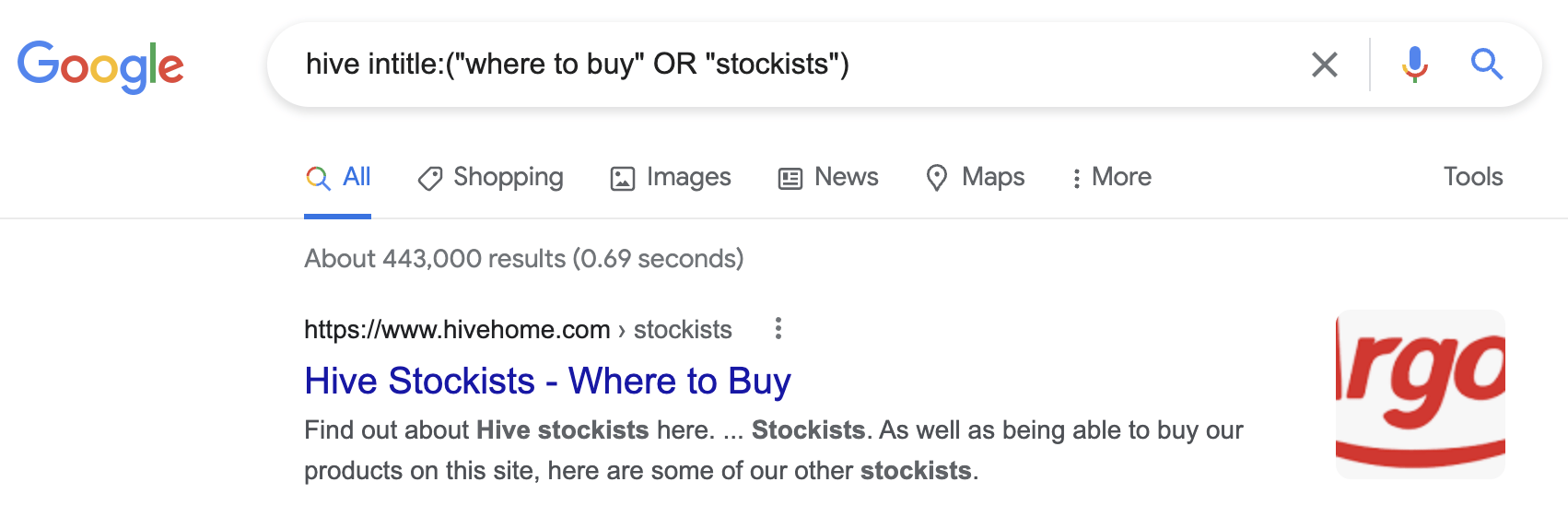 Searching for "where to buy" and "stockist" pages in Google
