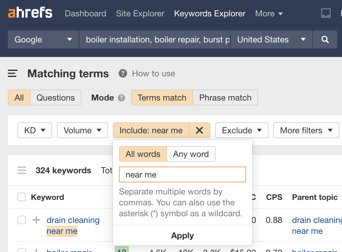 Filtering for "near me" searches in Keywords Explorer
