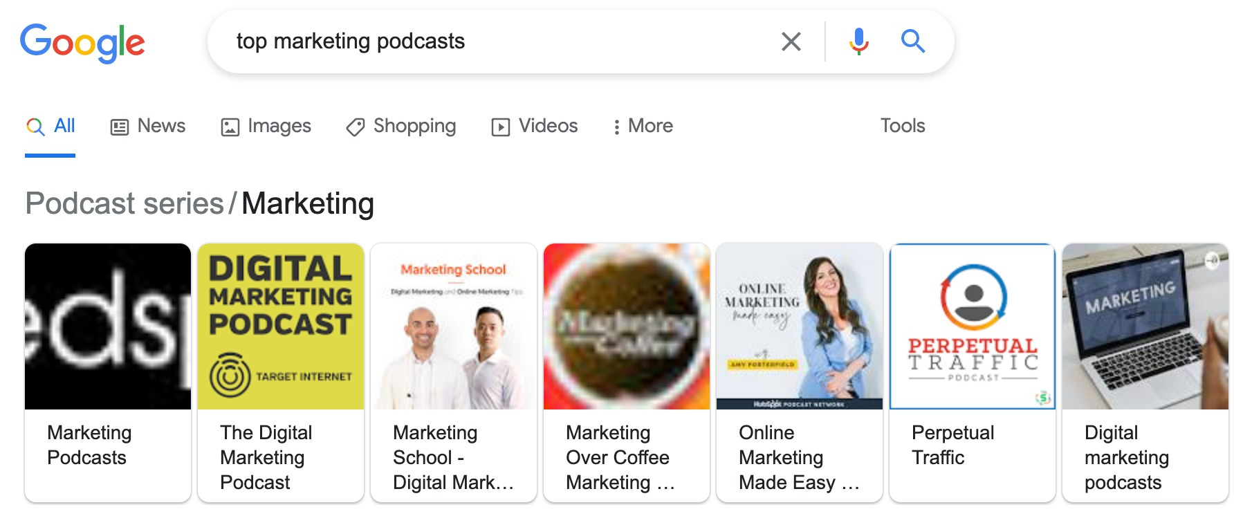 The SERP for the query "top marketing podcasts"