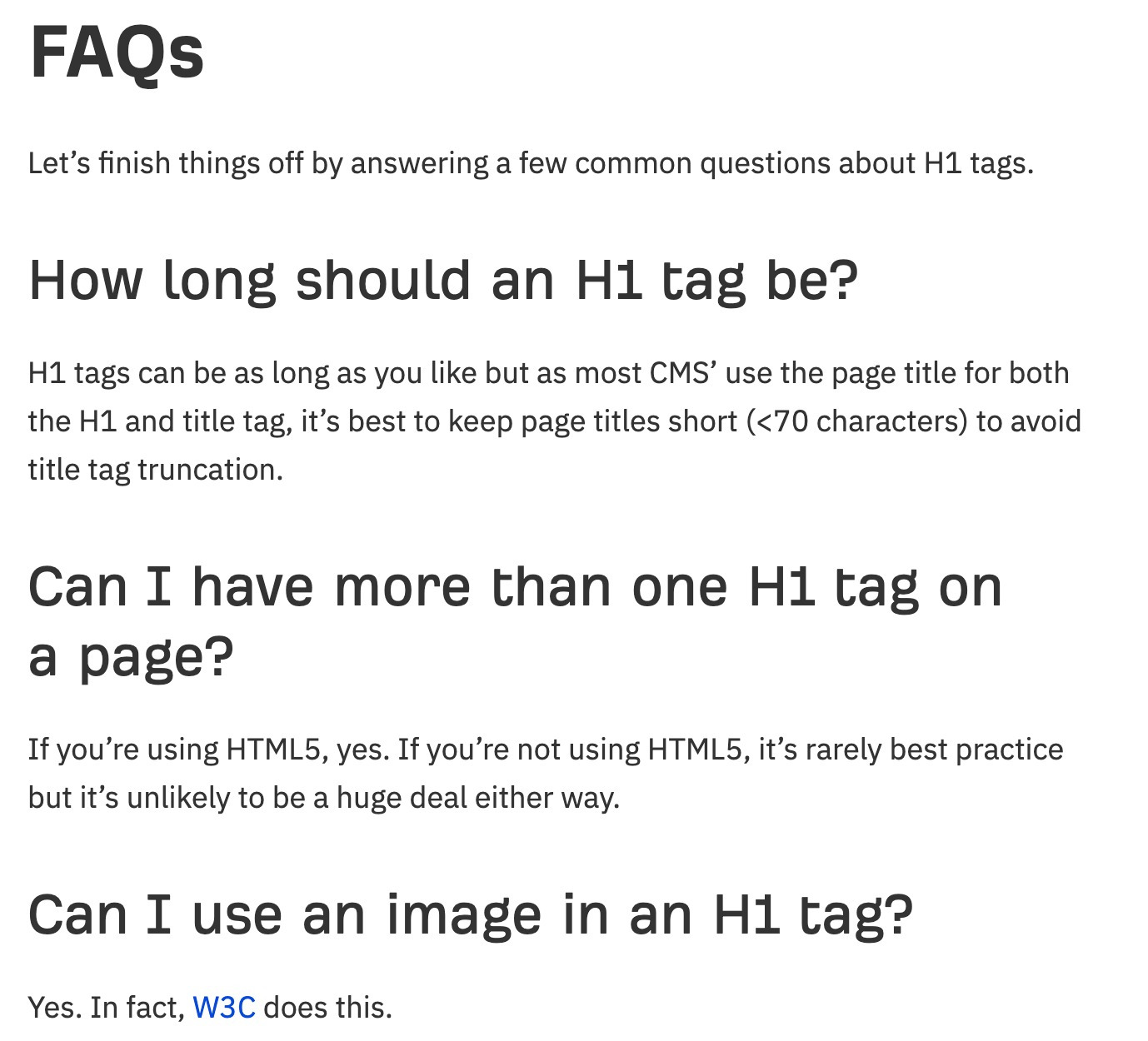The FAQ section in an Ahrefs blog post on H1 tags