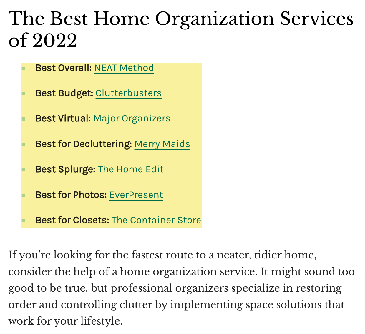 Home organization businesses ranking