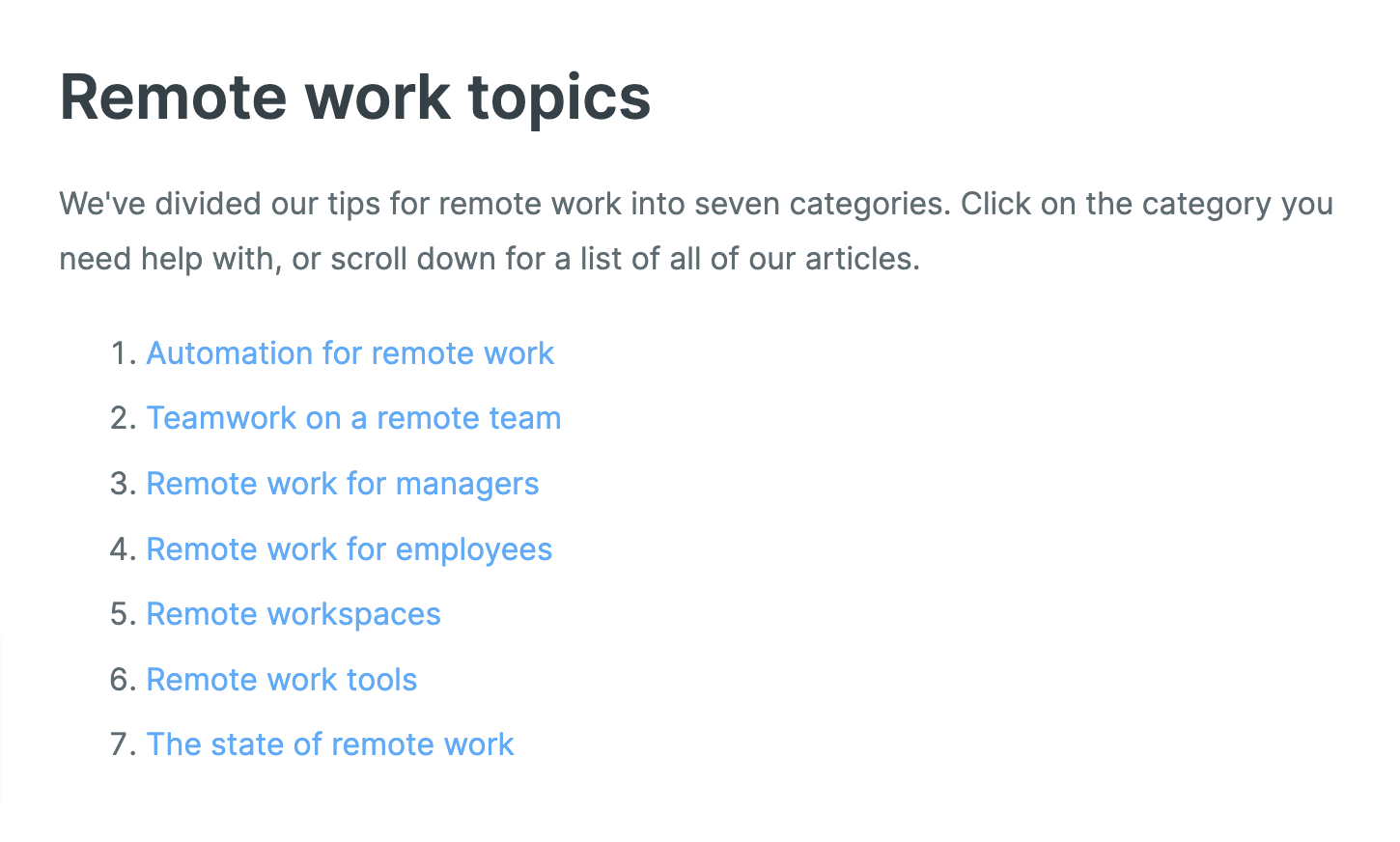 Seven categories in Zapier's remote work content hub