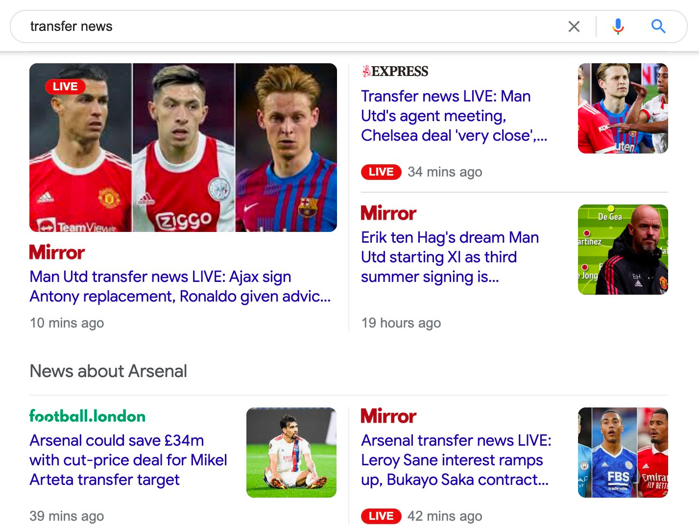 Google SERP for the query, "transfer news"