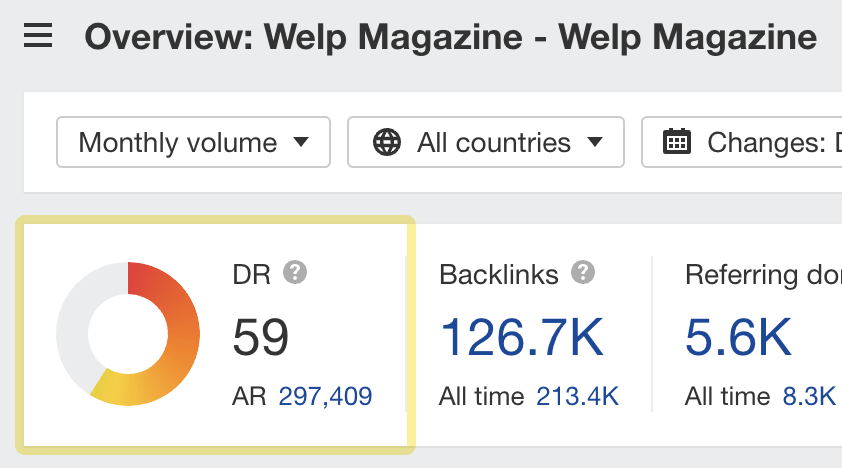 Domain Rating (DR) for Welp Magazine, via Ahrefs' Site Explorer