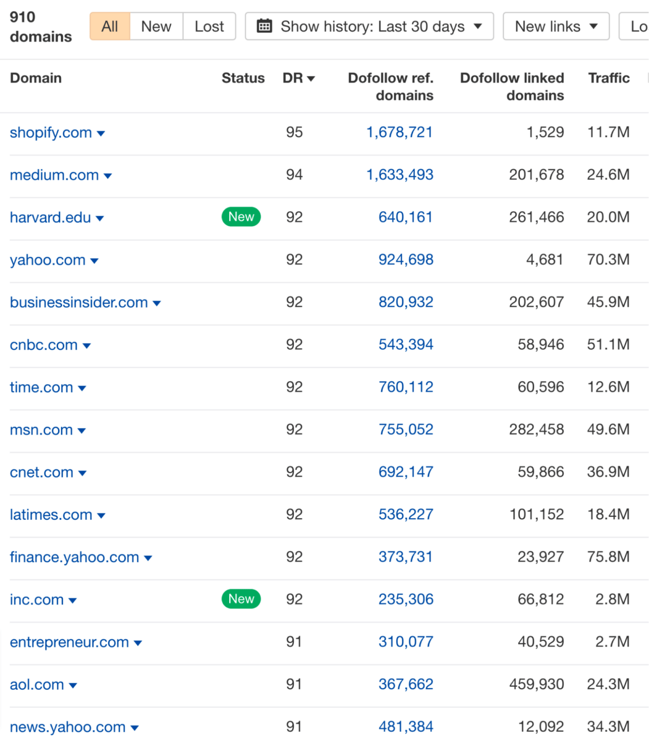 Referring domains report showing domains with high DR