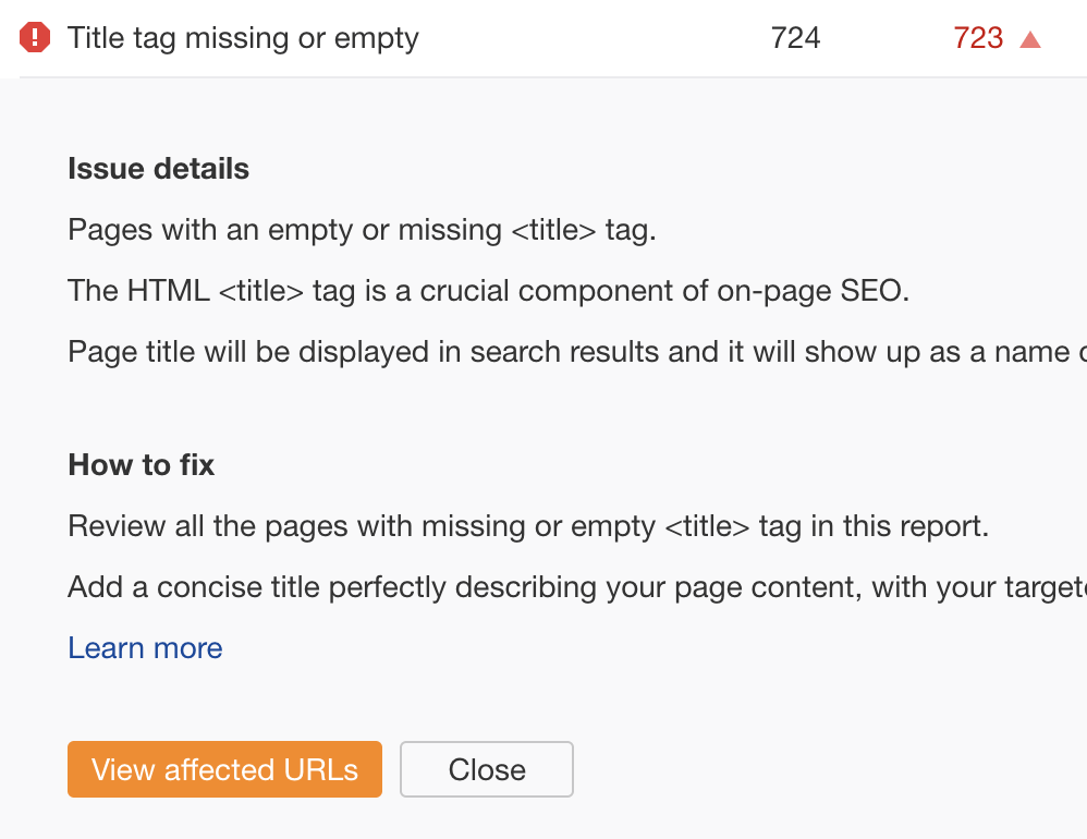 Title tag issues in Ahrefs' Site Audit
