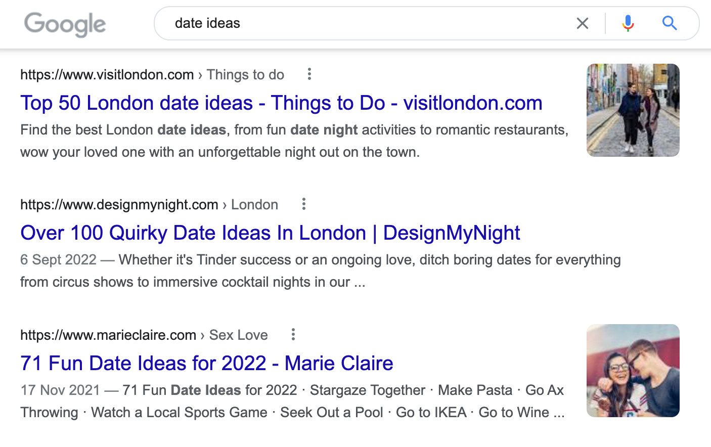 SERP for the query "date ideas"