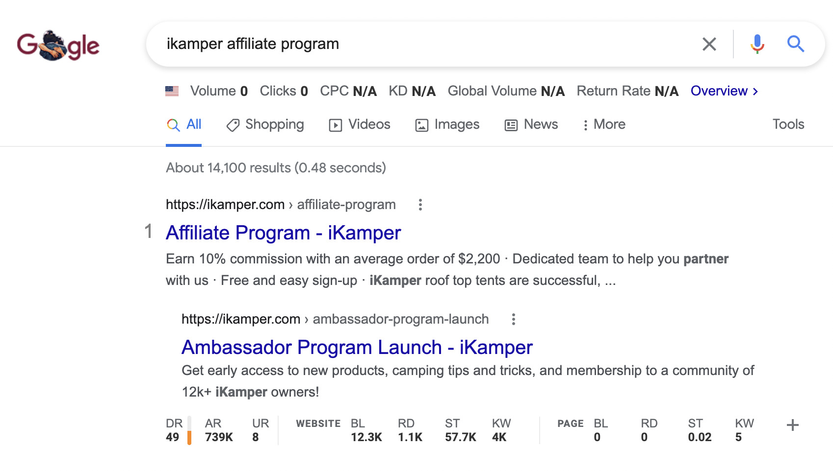Google search for iKamper affiliate program