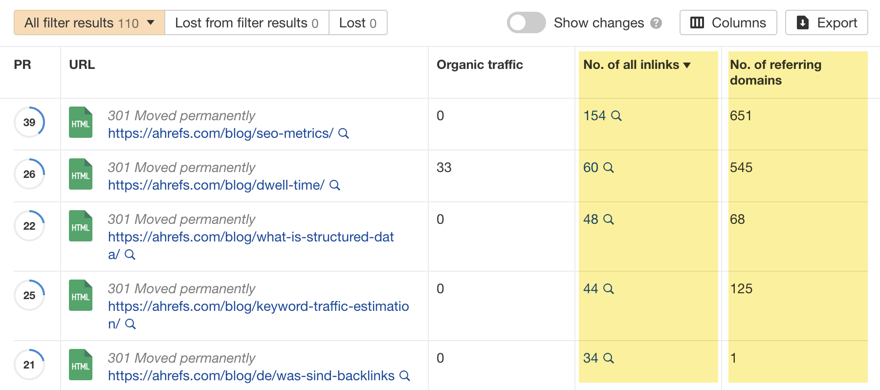 Redirects with internal links and backlinks, via Ahrefs ' Site Audit
