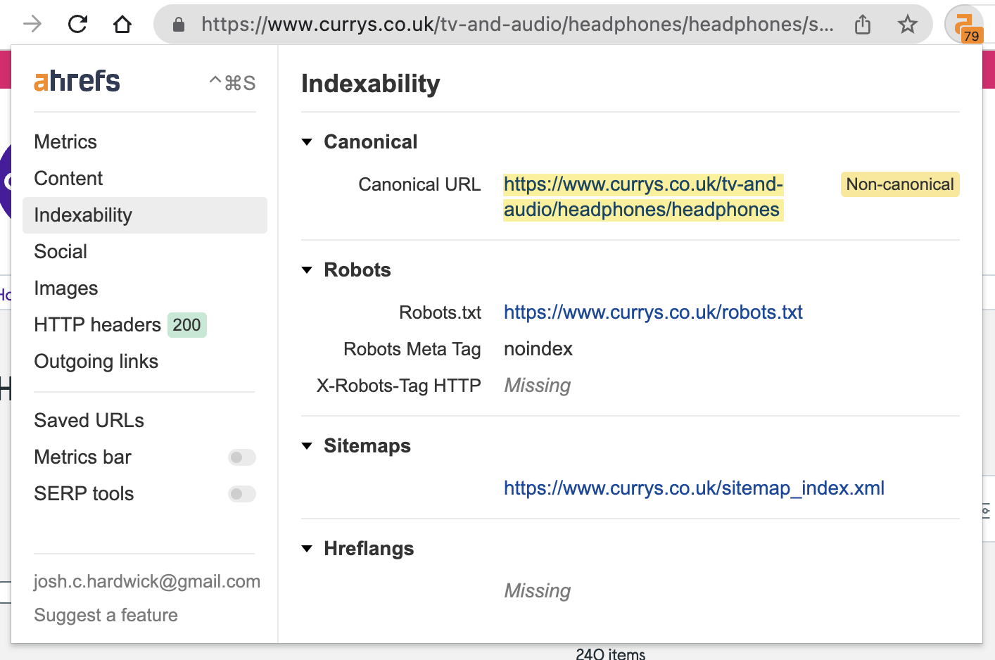 Checking Indexability issues with Ahrefs' SEO Toolbar