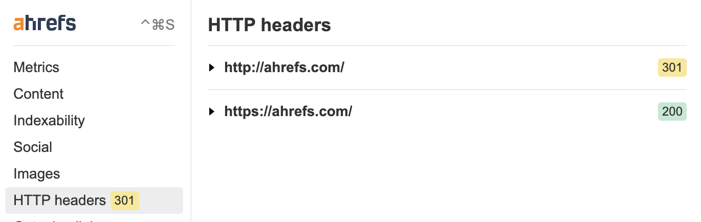 HTTP headers in Ahrefs' SEO Toolbar
