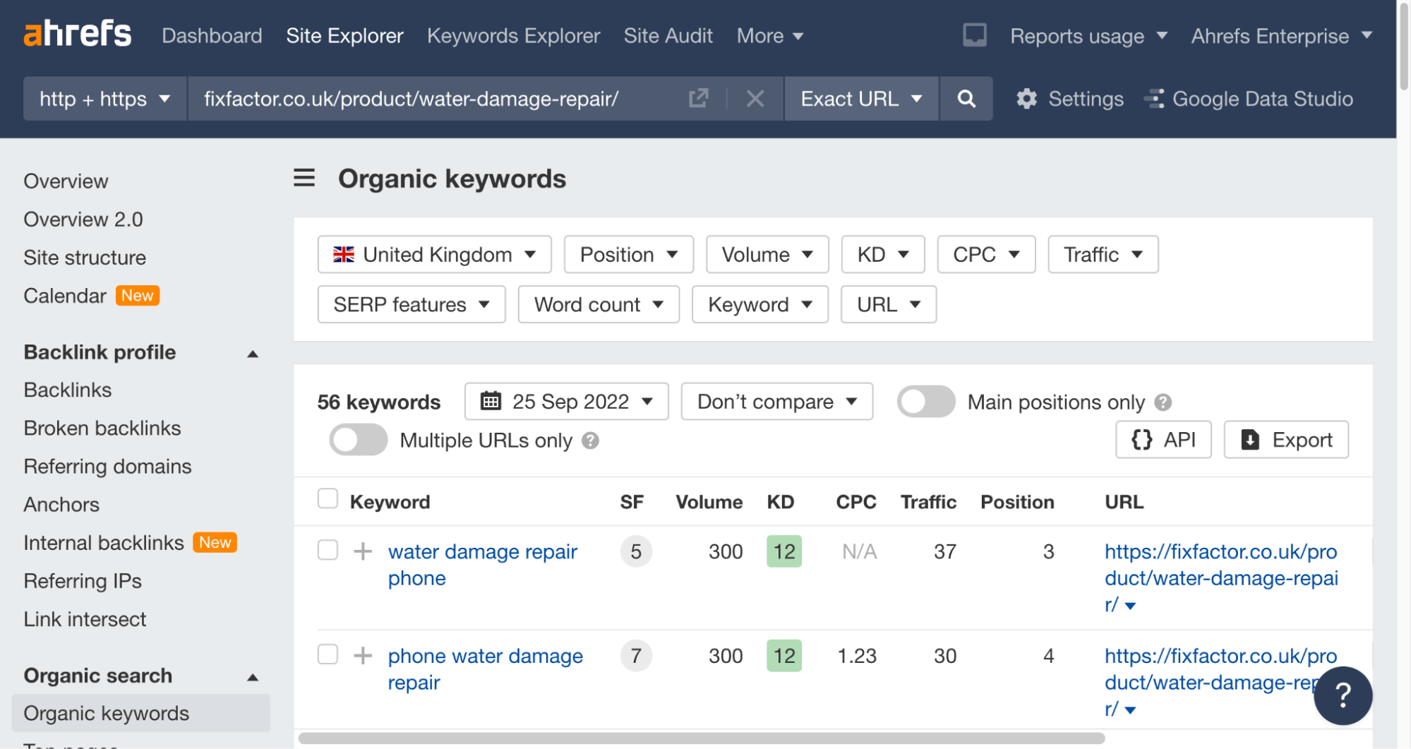 Organic keywords report with "exact URL" mode