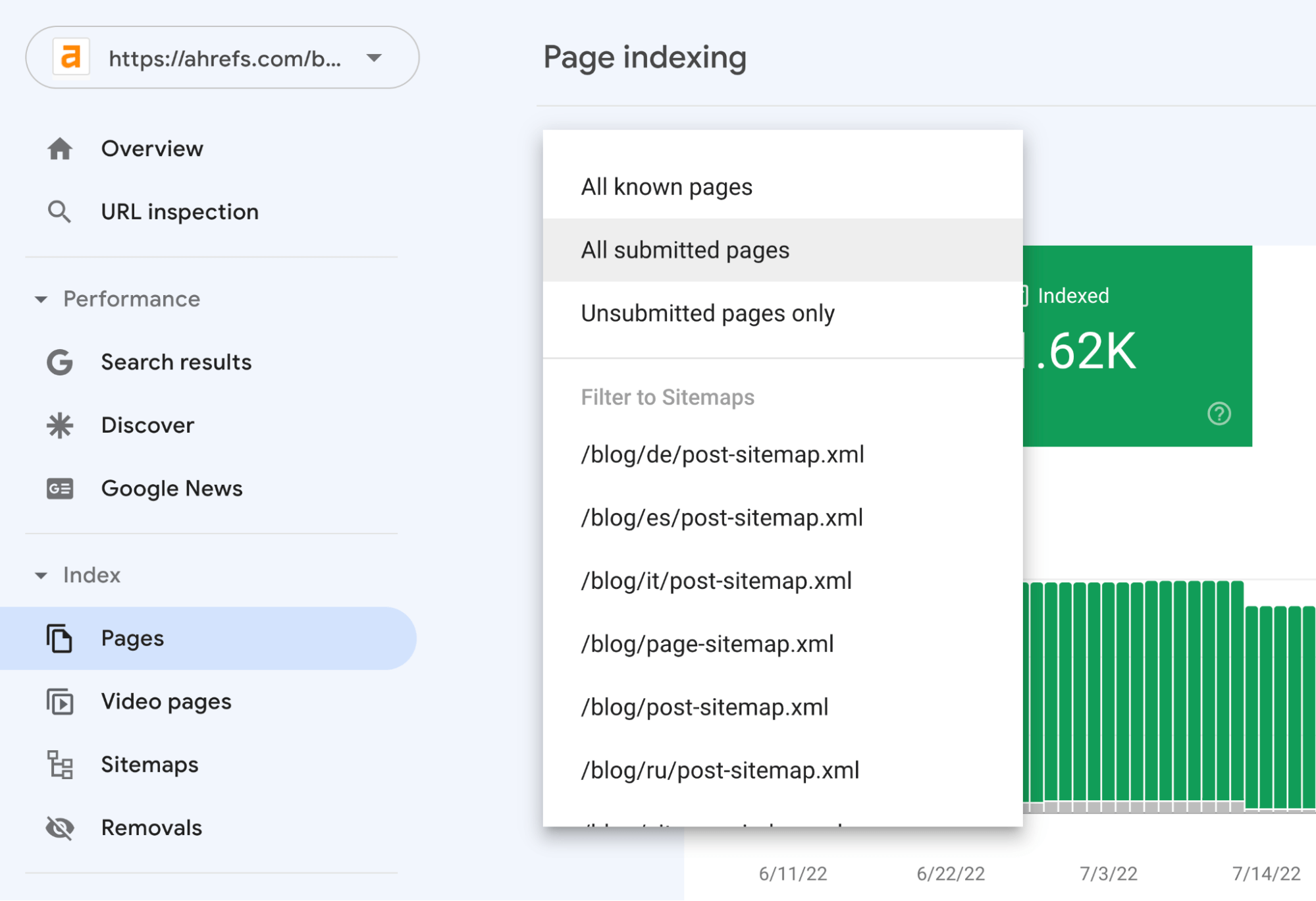 Page indexing filter in Google Search Console
