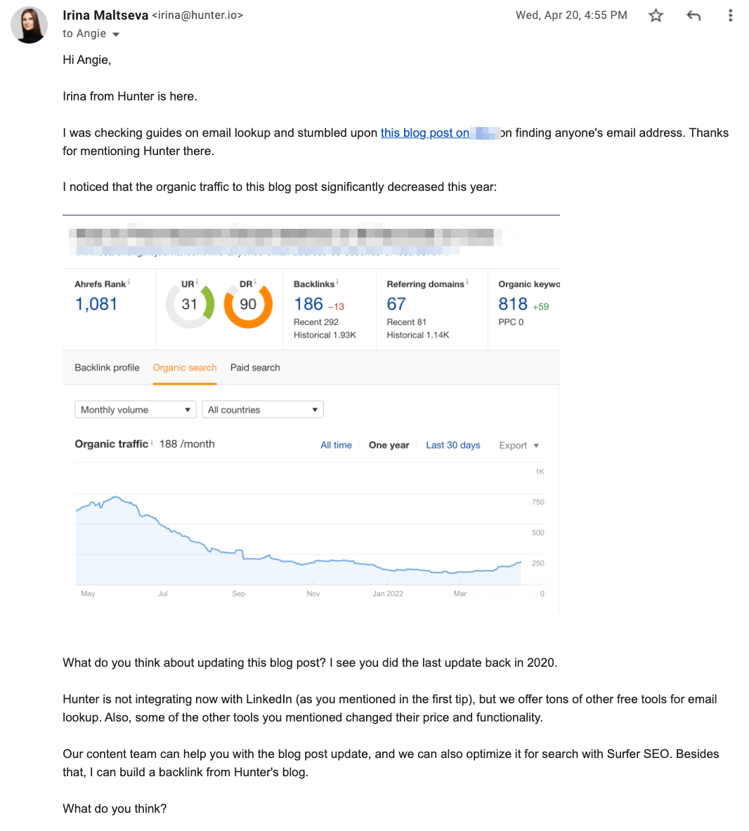 An outreach email offering to update a post that was declining in traffic