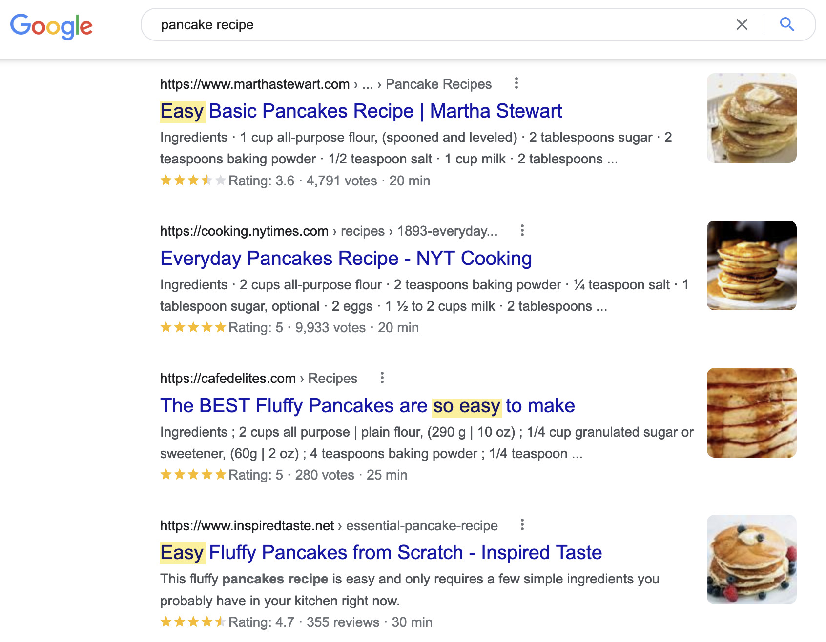People searching for "pancake recipe" clearly want a blog post with an easy recipe
