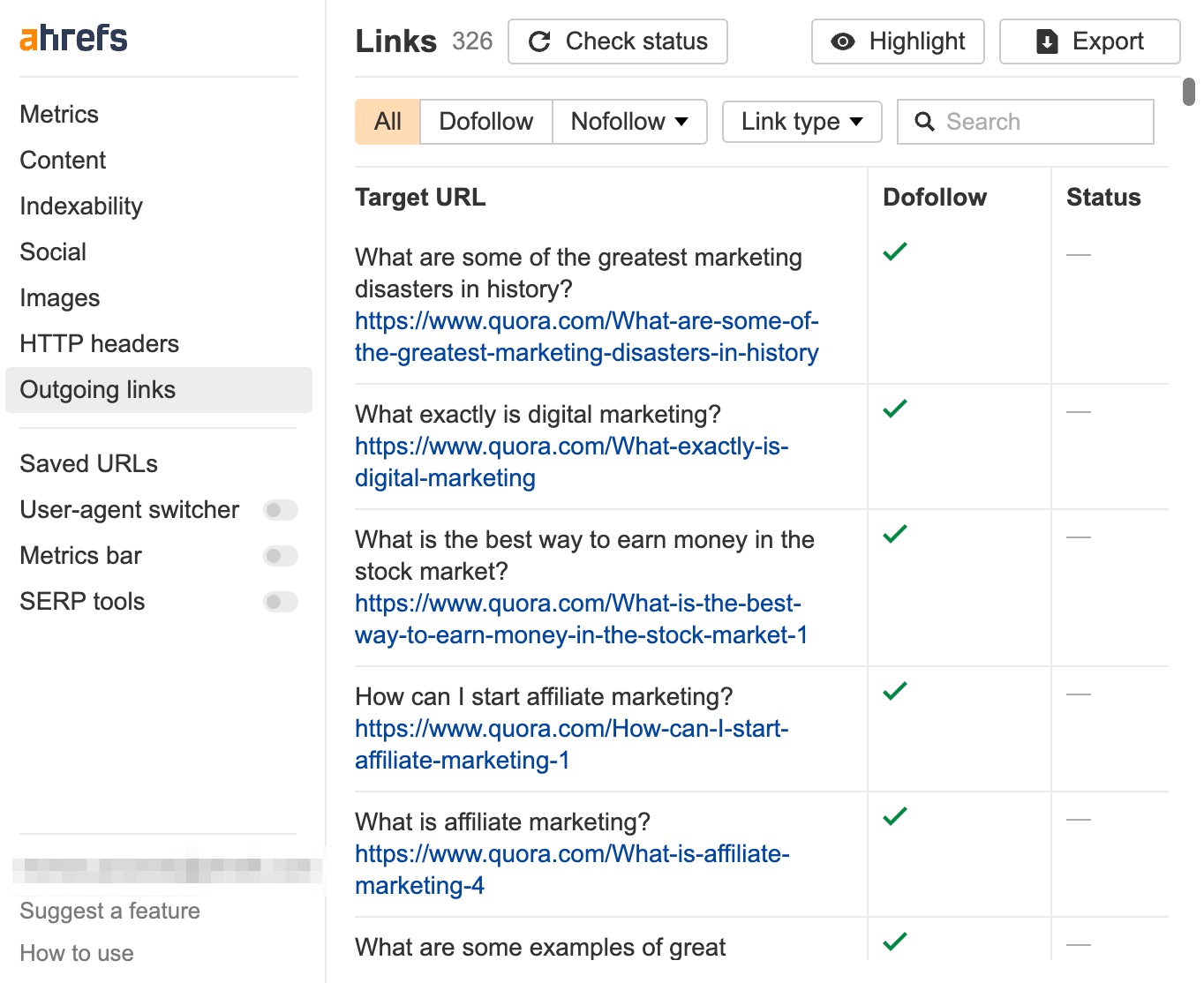 Exporting Quora questions URLs from its suggestion tool with Ahrefs ' SEO Toolbar
