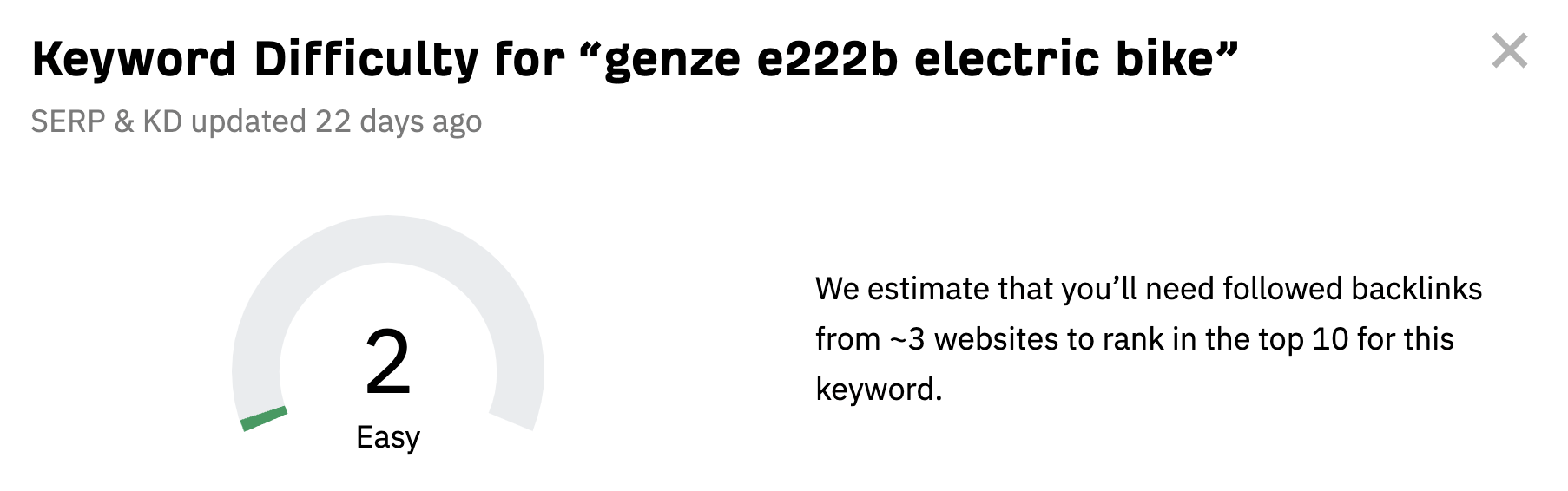 The Ahrefs Keyword Difficulty (KD) score for "genze e222b electric bike" is low 