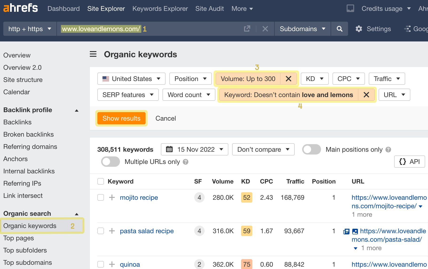 Using Ahrefs to find long-tail keyword ideas on other websites. 