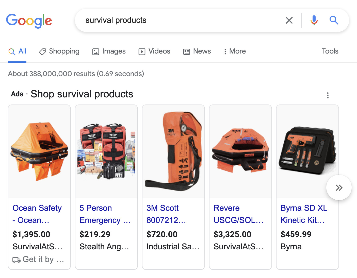 Google SERP for "survival products" 