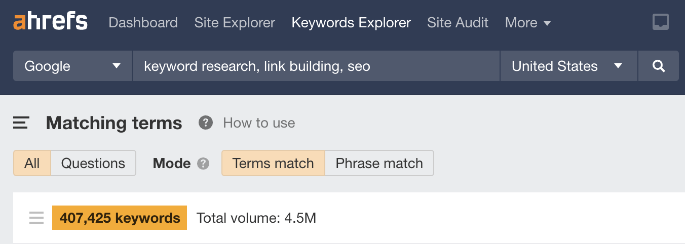 Number of keyword ideas from SEO "seed" keywords in Ahrefs ' Keywords Explorer = 4.5 million