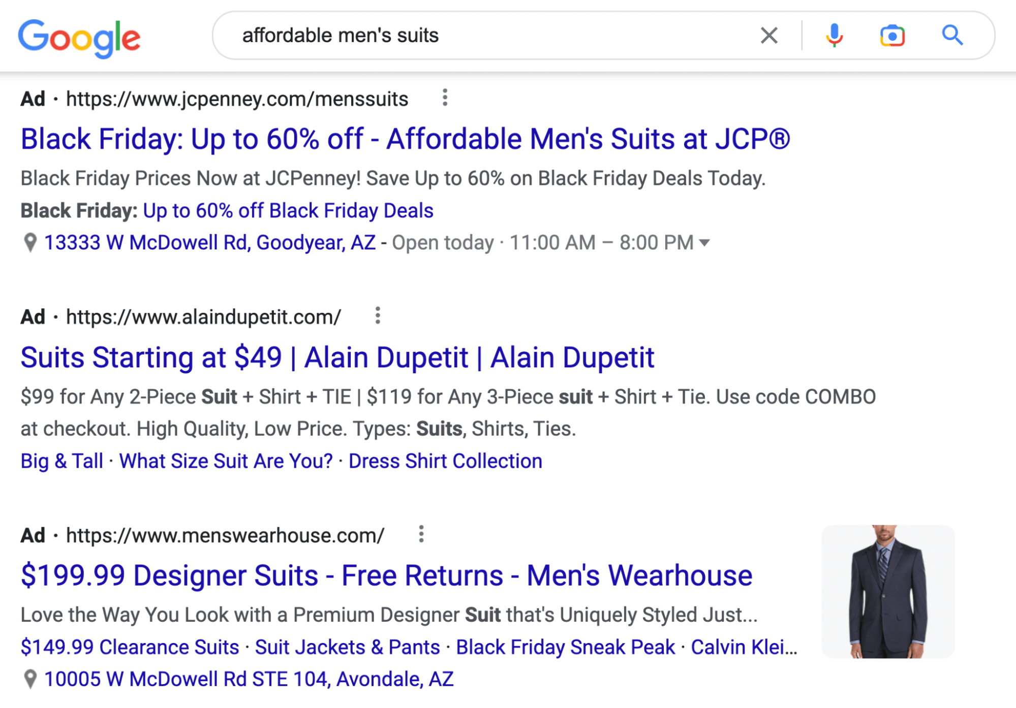 Google search results for "affordable men 's suits"